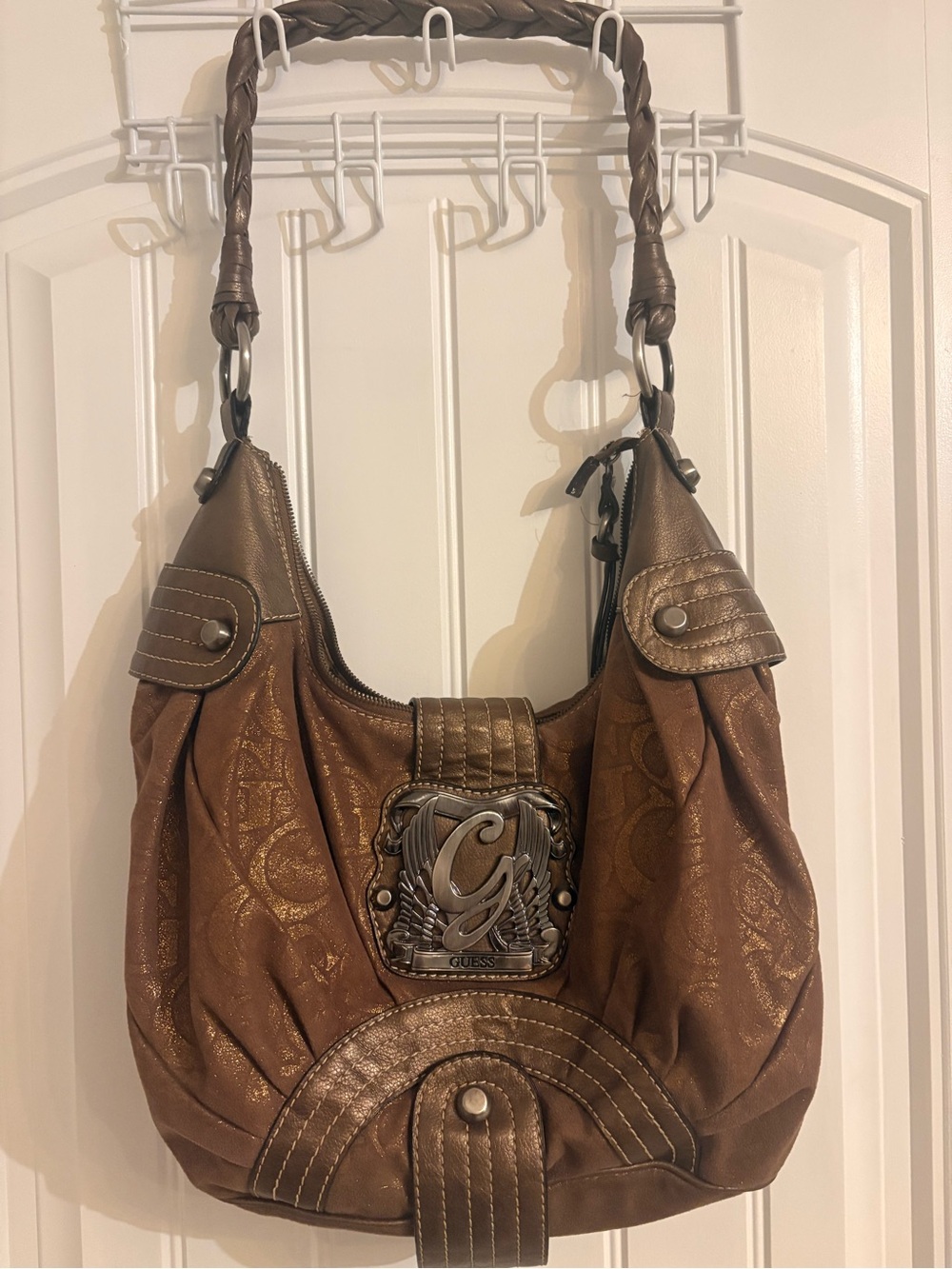 Vintage Guess "Regal" Y2K Metallic Shimmer Monogram Hobo Shoulder Bag